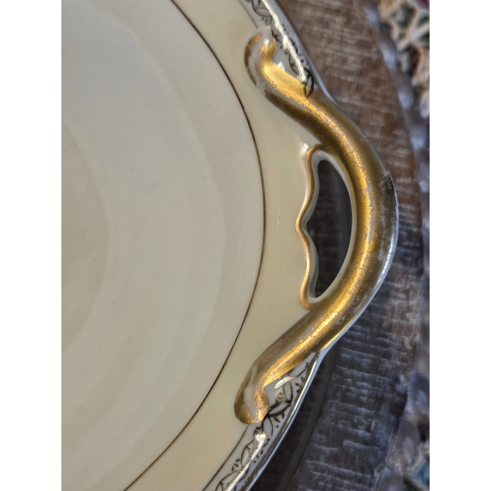 Antique Made in Japan Porcelain Oval Serving Bowl Pink Rose Gold Handles Floral - Picture 3 of 8
